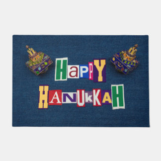 Happy Hanukkah Denim and Dreidels Doormat