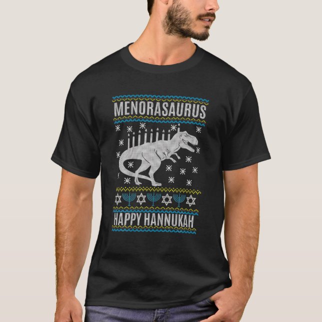 Happy Hanukkah Dinosaur T - Rex Menorah T-Shirt (Front)