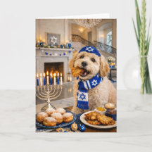 Happy Hanukkah Dog Card – Playful Golden Doodle