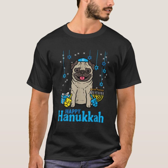 Happy Hanukkah Dog Pug Cute Chanukah Jewish Men Wo T-Shirt (Front)