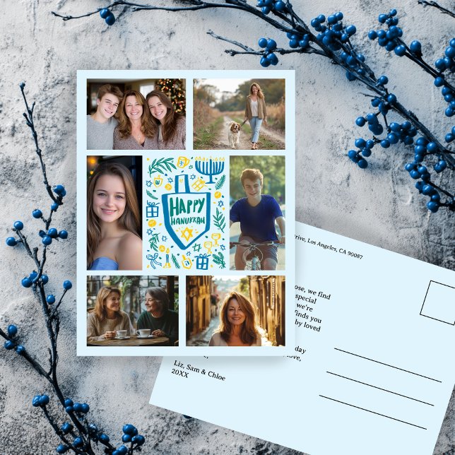 HAPPY HANUKKAH Doodle CUSTOM 6 PHOTO Holiday Postcard (HAPPY HANUKKAH Doodle CUSTOM 6 PHOTO Collage Cute jewish Holiday Postcard
)