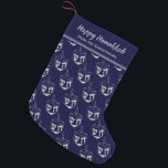 HAPPY HANUKKAH Dreidel Customised DARK BLUE Small Christmas Stocking<br><div class="desc">Dark blue HAPPY HANUKKAH stocking with silver grey DREIDEL pattern.. The placeholder text is customisable so you can add your name or change the greeting. Same design is on the reverse. Ideal way to present your small Hanukkah gifts. Also ideal for those who like to combine Hanuakkah and Christmas traditions...</div>