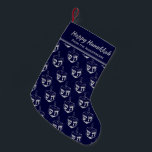 HAPPY HANUKKAH Dreidel Customised DARK BLUE Small Christmas Stocking<br><div class="desc">Dark blue HAPPY HANUKKAH stocking with silver grey DREIDEL pattern.. The placeholder text is customisable so you can add your name or change the greeting. Same design is on the reverse. Ideal way to present your small Hanukkah gifts. Also ideal for those who like to combine Hanuakkah and Christmas traditions...</div>