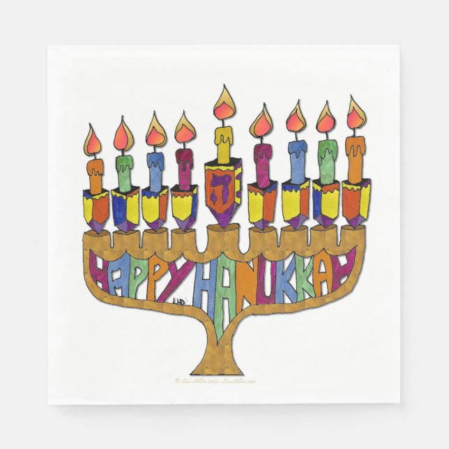 Happy Hanukkah Dreidel Menorah Paper Napkins (Front)