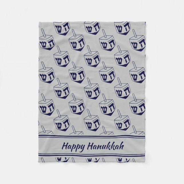HAPPY HANUKKAH Dreidel Modern SILVER GRAY Navy Fleece Blanket (Front)