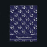 HAPPY HANUKKAH Dreidel NAVY GRAY Fleece Blanket<br><div class="desc">Stylish midnight navy blue CUBE POUF to celebrate HANUKKAH. Navy and silver grey colour theme with all over silver grey DREIDEL print. There is customisable placeholder text which says HAPPY HANUKKAH so you can personalise with your own greeting and/or name (of similar length). Matching home decor and other items are...</div>