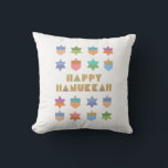 Happy Hanukkah Dreidels and Stars Cushion<br><div class="desc">A fun and festive Hanukkah design with colourful dreidels and stars. A  modern ,  non-traditional ,  design and pattern with stylised dreidels and Star of David geometric shapes.</div>