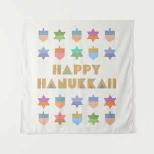 Happy Hanukkah Dreidels and Stars Tapestry