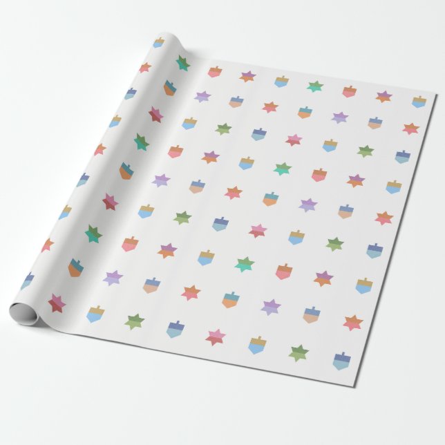 Happy Hanukkah Dreidels and Stars Wrapping Paper (Unrolled)