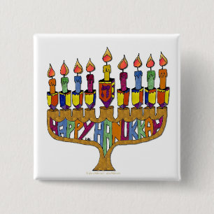 Happy Hanukkah Dreidels Menorah 15 Cm Square Badge