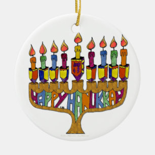 Happy Hanukkah Dreidels Menorah Ceramic Tree Decoration