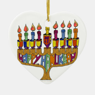 Happy Hanukkah Dreidels Menorah Ceramic Tree Decoration