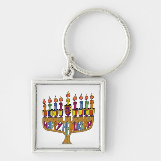 Happy Hanukkah Dreidels Menorah Key Ring (Front)