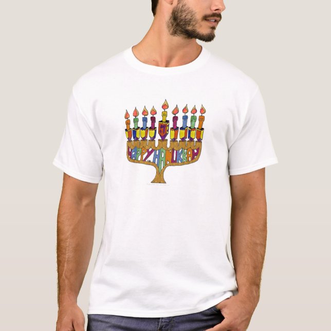 Happy Hanukkah Dreidels Menorah T-Shirt (Front)