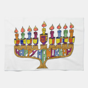 Happy Hanukkah Dreidels Menorah Tea Towel