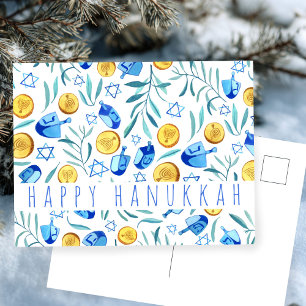 Happy Hanukkah Driedel Gelt Watercolor CUSTOM Postcard