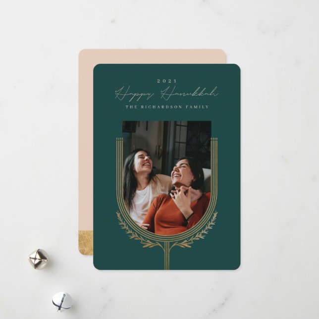 Happy Hanukkah Elegant Golden Menorah Photo Arch Holiday Card (Front/Back In Situ)