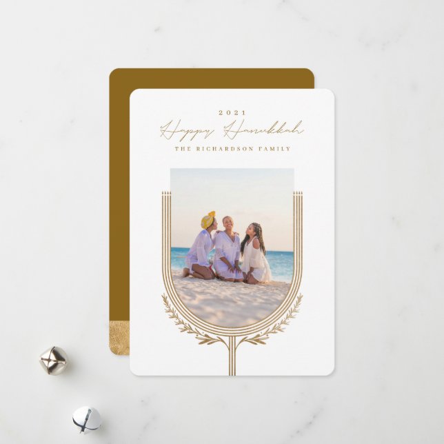 Happy Hanukkah Elegant Golden Menorah Photo Arch Holiday Card (Front/Back In Situ)