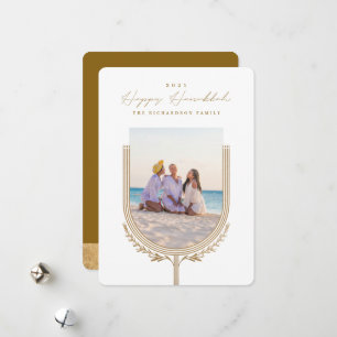 Happy Hanukkah Elegant Golden Menorah Photo Arch Holiday Card