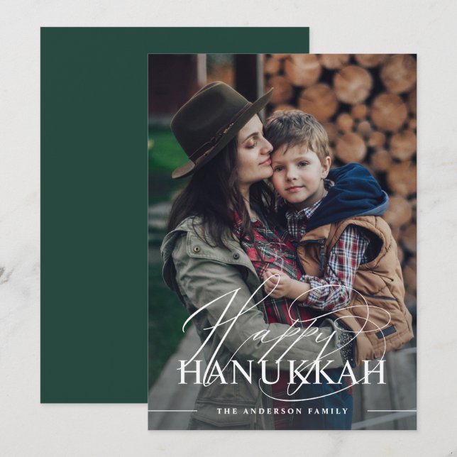 Happy Hanukkah | Elegant Script Photo Dark Green Holiday Card (Front/Back)