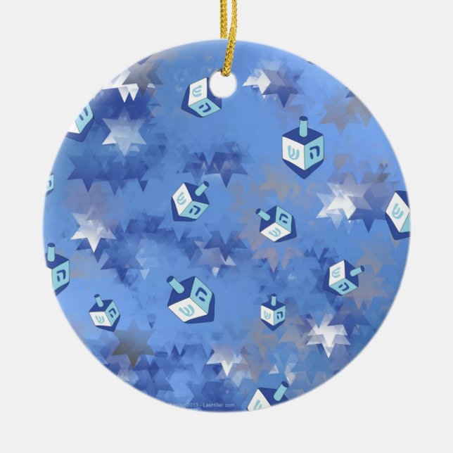 Happy Hanukkah Falling Star and Dreidels Ceramic Tree Decoration (Front)