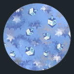 Happy Hanukkah Falling Star and Dreidels Classic Round Sticker<br><div class="desc">You are viewing The Lee Hiller Design Collection. Apparel,  Gifts & Collectibles Lee Hiller Photography or Digital Art Collection. You can view her Nature photography at http://HikeOurPlanet.com/ and follow her hiking blog within Hot Springs National Park.</div>