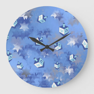 Happy Hanukkah Falling Star and Dreidels Large Clock