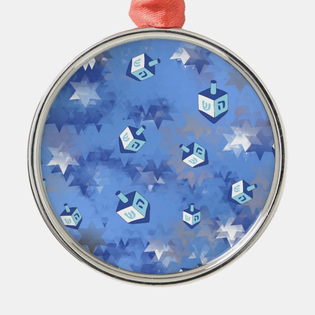 Happy Hanukkah Falling Star and Dreidels Metal Tree Decoration (Front)