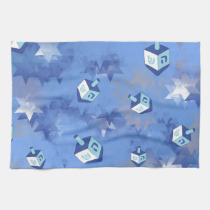 Happy Hanukkah Falling Star and Dreidels Tea Towel
