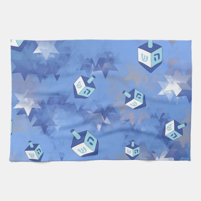 Happy Hanukkah Falling Star and Dreidels Tea Towel (Horizontal)