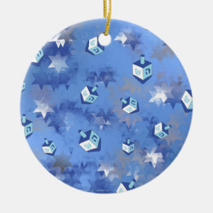 Happy Hanukkah Falling Stars and Dreidels Ceramic Tree Decoration