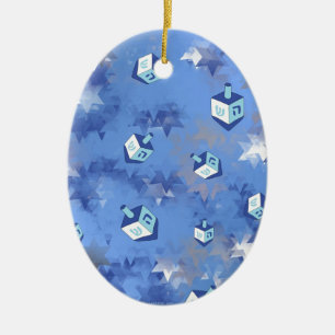 Happy Hanukkah Falling Stars and Dreidels Ceramic Tree Decoration