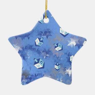 Happy Hanukkah Falling Stars and Dreidels Ceramic Tree Decoration