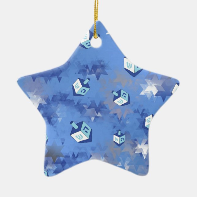 Happy Hanukkah Falling Stars and Dreidels Ceramic Tree Decoration (Front)