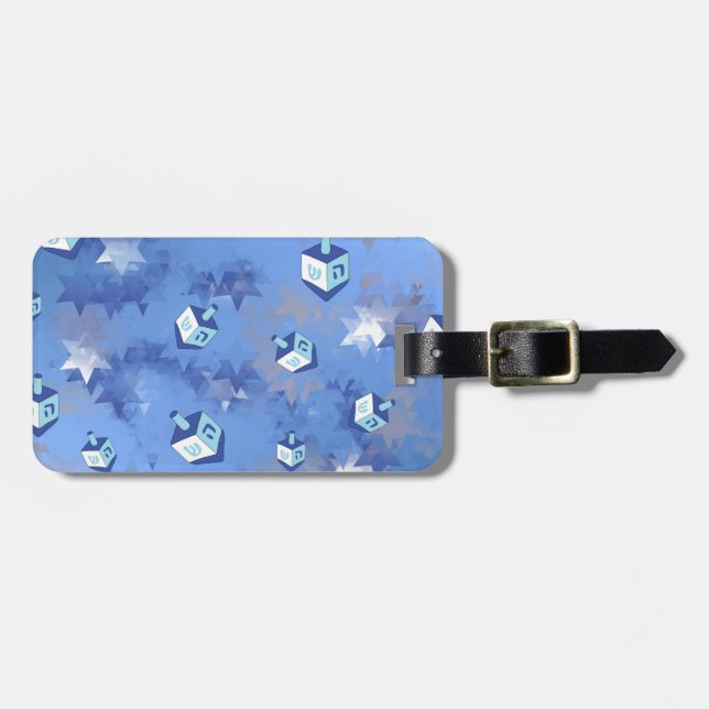 Happy Hanukkah Falling Stars and Dreidels Luggage Tag (Front Horizontal)