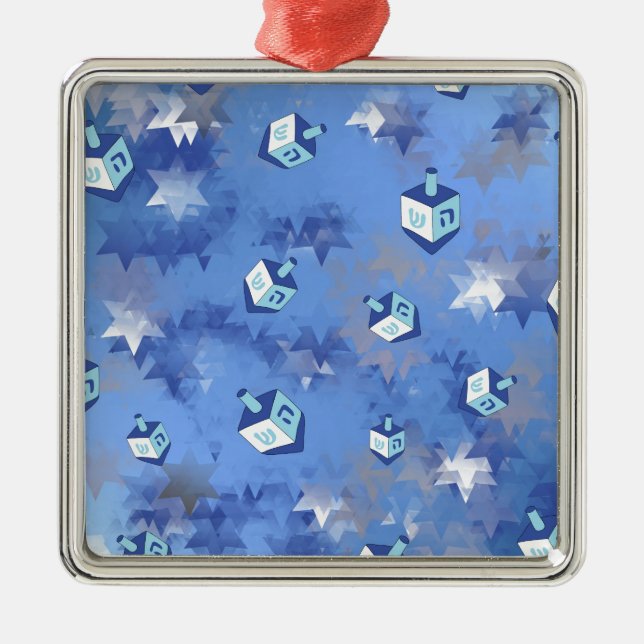 Happy Hanukkah Falling Stars and Dreidels Metal Tree Decoration (Front)