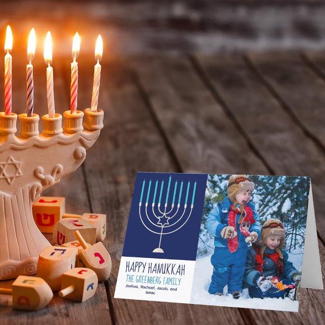 Happy Hanukkah Family Photo Blue Menorah Folded Holiday Card (Creator Uploaded)