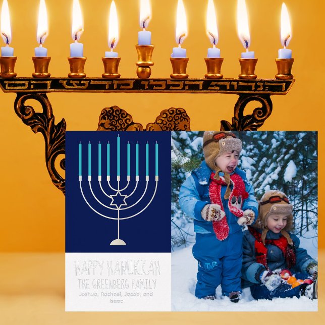 Happy Hanukkah Family Photo Blue Menorah Silver Foil Holiday Card (Creator Uploaded)