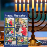Happy Hanukkah Family Photo Collage Blue Pattern Holiday Card<br><div class="desc">Beautiful blue Happy Hanukkah cards with your family photo collage underneath the white script. Cute customized photograph cards for a proud Jewish family during the holiday season. The back is a dreidel,  menorah,  and Star of David pattern.</div>
