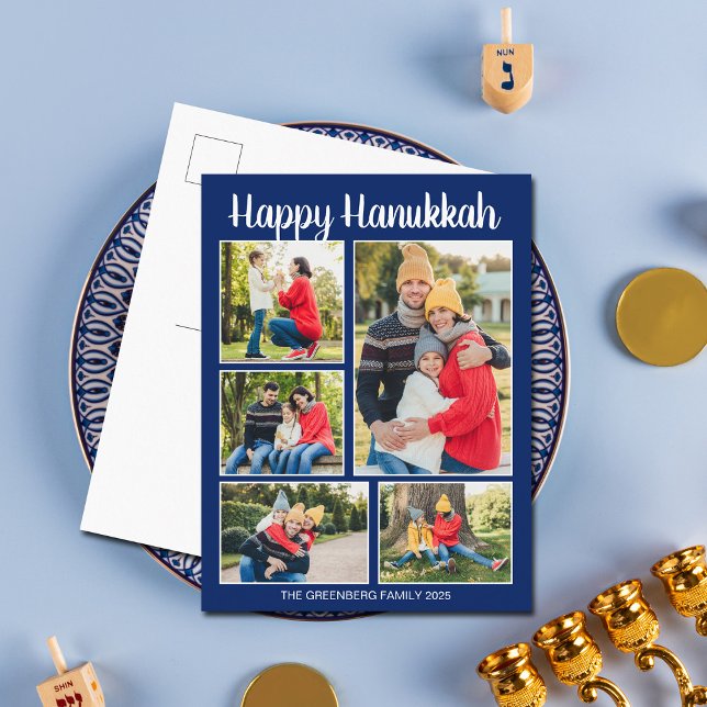 Happy Hanukkah Family Photo Collage Modern Blue Holiday Postcard (Creator Uploaded)