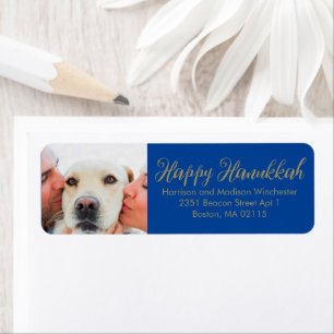 Happy Hanukkah family photo script gold blue