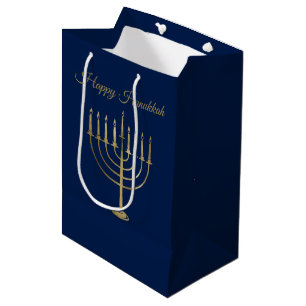 Happy Hanukkah Faux Gold Menorah Blue Holiday Medium Gift Bag