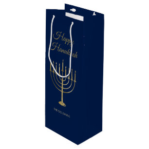 Happy Hanukkah Faux Gold Menorah Monogram Blue Wine Gift Bag