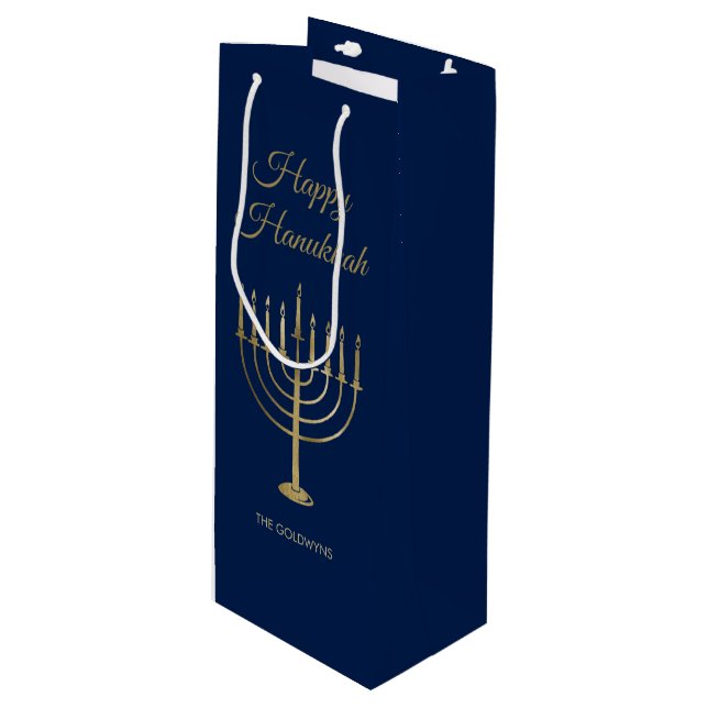 Happy Hanukkah Faux Gold Menorah Monogram Blue Wine Gift Bag (Front Angled)