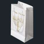 Happy Hanukkah Faux Gold Menorah White Holiday Small Gift Bag<br><div class="desc">Wrap your gifts in style this holiday season with our elegant Hanukkah gift bags. This simple but chic design features a white background with a large faux gold menorah in the centre. Above it reads "Happy Hanukkah". Designed by artists  © Tim Coffey and Susan Coffey.</div>