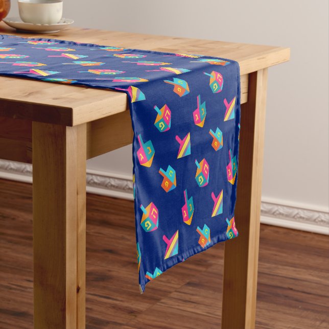 Happy Hanukkah Festival of Lights Party dreidels Short Table Runner (In Situ)