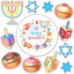 Happy Hanukkah Festival Party Holiday Symbols<br><div class="desc">Chanukkah labels stickers set. Happy Hanukkah Party Jewish Holiday Menorah, Doughnuts, Dreidel. Jewish Holiday Chanukkah Decoration with traditional Chanuka decorative symbol - Colourful Cartoon Hanukkiah menorah, candlestick with candles, Doughnuts, Wooden Dreidel (spinning top toy) star of David and glowing lights illustration. Hanukkah Festival of lights Event Decoration. Jerusalem, Israel. Crafts...</div>