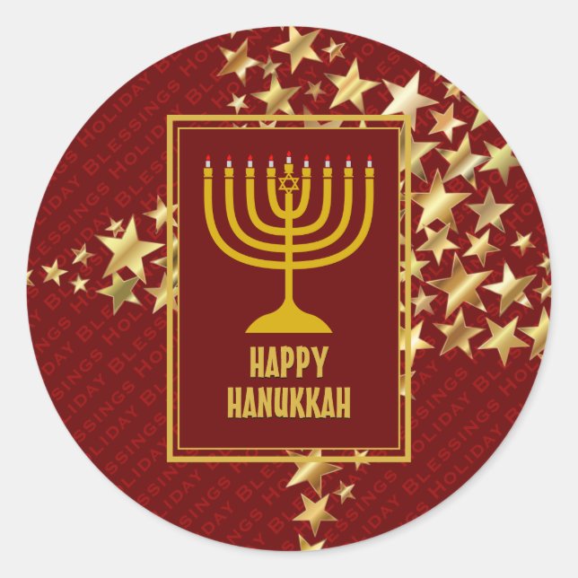 HAPPY HANUKKAH Festive Stars RED Classic Round Sticker (Front)