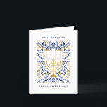 Happy Hanukkah Festive Watercolor Menorah Floral Holiday Card<br><div class="desc">Happy Hanukkah! Send Hanukkah greetings to family and friends with this elegant folded card. It features watercolor Menorah and elegant wreath foliage in a sophisticated palette of gold, light blue, and navy blue. Customise the card with your favourite message and two lines of custom text to add a personal touch...</div>