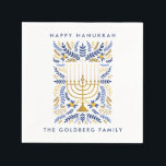 Happy Hanukkah Festive Watercolor Menorah FOLIAGE Napkin<br><div class="desc">Add a personal touch to your Hanukkah Table with these elegant floral paper napkins featuring watercolor Menorah adorned with elegant wheat foliage in a sophisticated palette of gold,  light blue,  and navy blue with two lines of custom text.</div>